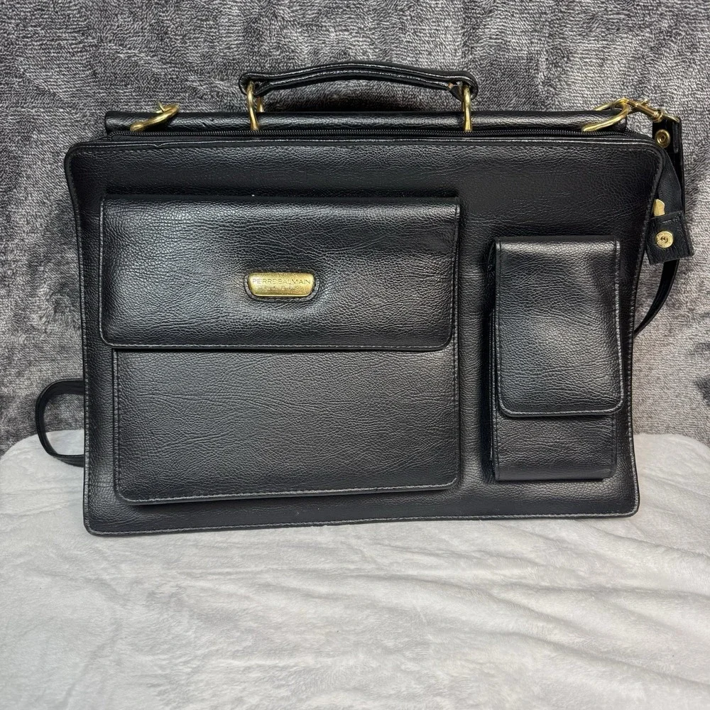 Pierre BALMAIN Paris Vintage Leather Briefcase Black Gold 80s Laptop Bag